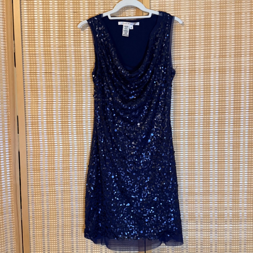 Max Studio Navy Blue Sequin Cowl Neck Sleeveless Cocktail Dress Womens Medium